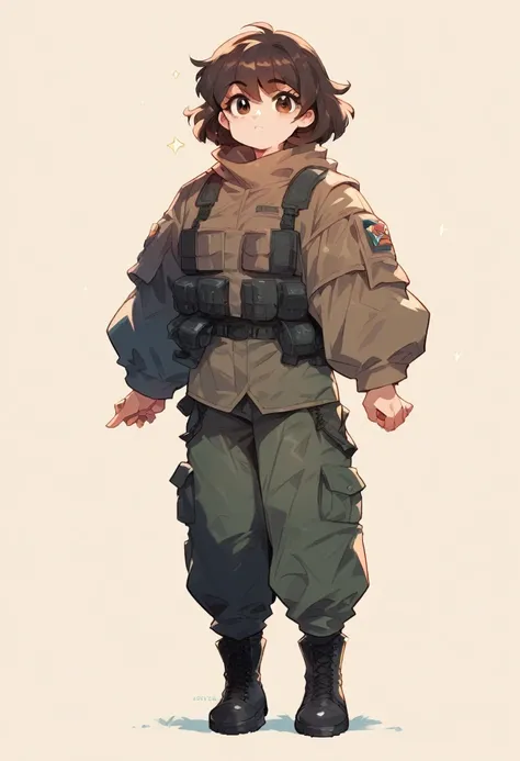 full body girl,  with dark brown shoulder length hair, dark brown eyes, black ,  with super thin and tall military tactical pants ,  camouflaged triqueña leather , Black military boots, cute