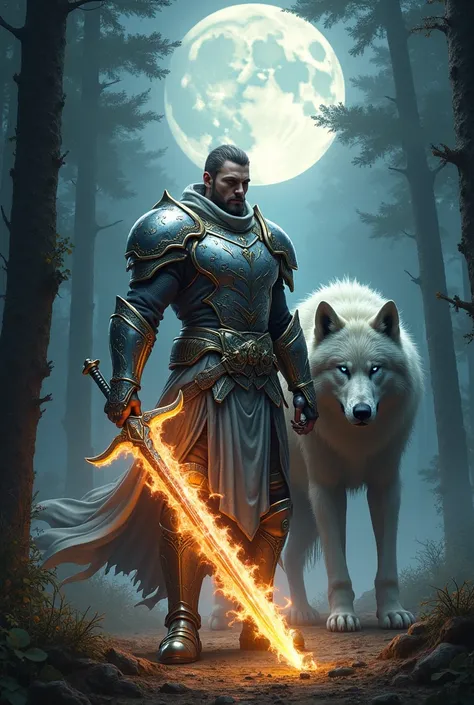  High resolution,  The best quality ,  tall details , Very detailed,  man in silver armor with golden edges standing raising his magic sword of fire at his side he is accompanied by a giant mystical wolf with light gray fur, bright blue eyes and a haze tha...