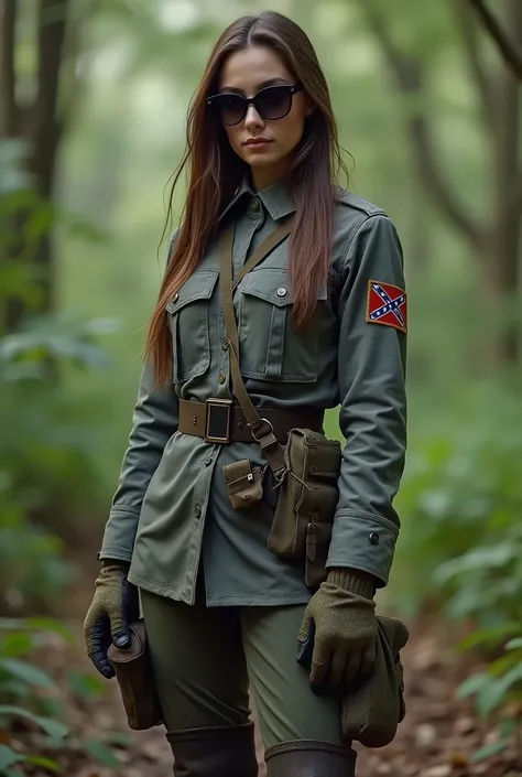 Beautiful young Confederate soldier woman, Latvian face, military hairstyle long brunette hair, military hat, gloved hands, sunglasses, gray uniform, confederate flag patch on uniform, wears a pistol, belt with ammunition and transmitter, military boots, s...