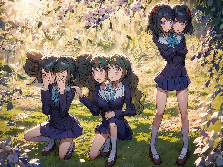 (masterpiece, best quality), best resolution, 16k, 3girls, (2heads:1.5), various poses, exposed anime style, dynamic anime poses, multiple poses, purple school uniform, BREAK in the park with bunch of grass on the ground, morning, blue sky