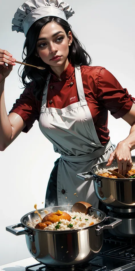 Create a virtual female chef who is stirring fried rice at the stove. and wears a red chefs shirt and chefs hat on a white background