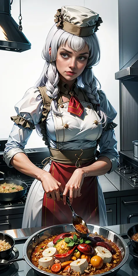 Create a virtual female chef who is stirring fried rice at the stove. and wears a red chefs shirt and chefs hat on a white background