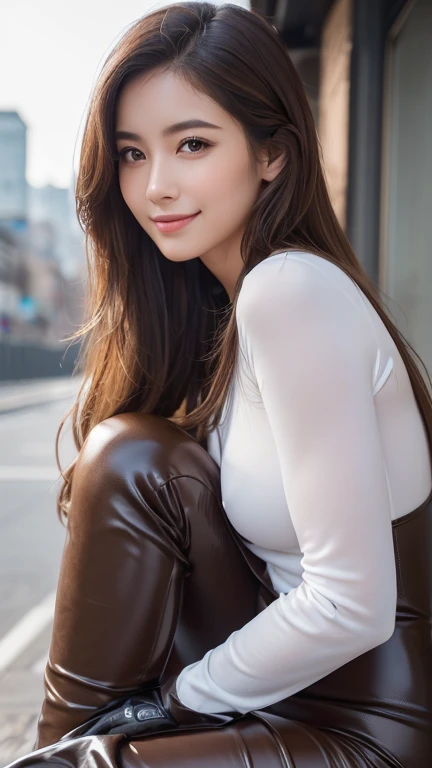 ((Realistic lighting, Highest quality, 8k, masterpiece:1.3)), Sharp focus:1.2, One girl, Beautiful woman with perfect figure:1.2,  ((Dark brown hair)), (Leisure Set:1.2）,（outside，morning：1.2），City streets，Ultra-fine face，Beautiful Eyes，double eyelid，Latex ...