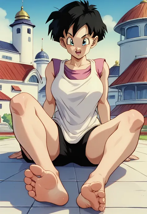 8k, high definition, cleanup, best quality, videl, 1 girl, solo, black hair, short hair, sleeveless dress, barefoot, soles, feet...