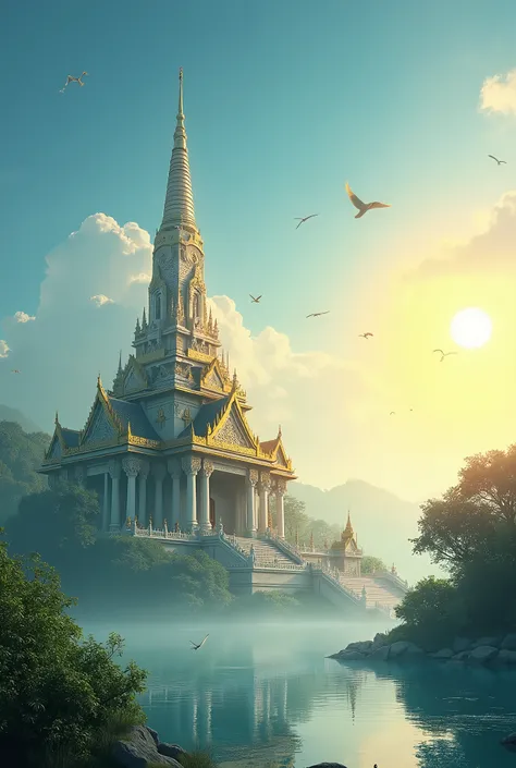 Based on the figure of Wat Thai, a tall pagoda, a beautiful blue sky, birds flying by, a golden sun on the right side of the temple, water and grass in front of the temple, beautiful shrubs, highlighting the details and subtleties of Thai art. Remote image...