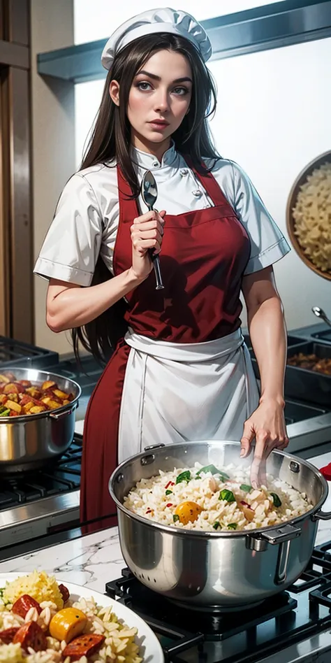 Create a virtual female chef who is stirring fried rice at the stove. and wears a red chefs shirt and chefs hat on a white background