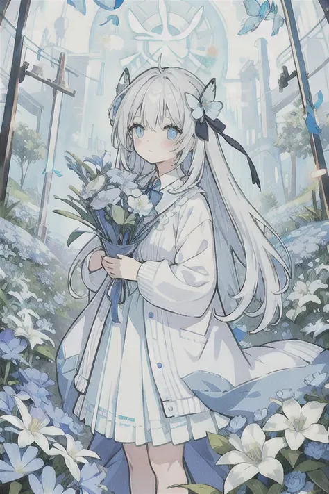 ・watercolor・white hair、very long hair, light blue left eye、the right eye has gray eyes, flower-shaped pupils, loose blouse, ligh...