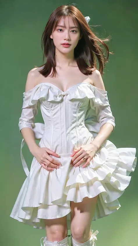 (8k、RAW Photos、Please redeem、masterpiece:1.2)、(Realistic、Realistic)、1 person、((White Dress、smile、Off the shoulder、corset、Cleavage、Big ribbon on the waist、、boots、View、Looking into the camera、Green background、Stand with hands on hips))、cute