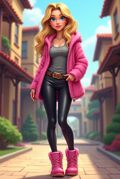 Western cartoon-inspired style. A college sorority girl in her early 20s. Wavy blonde hair and blue eyes. Shes Wearing a pink fuzzy jacket, a gray baggy tank top, tight shiny black leggings, and pink Ugg boots. Outside on the college campus
