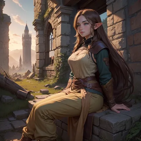 ((best quality))) (((HD))) (((8k))) (character) 20-year-old girl, ((adventurous)) elf, ((beautiful)) and ((happy)), gentle smile, ((brown hair)) and ((very long hair:1.2)), (freckles:1.2), voluptuous and plump, Brown hair, (large breasts:1.2), thick thighs...