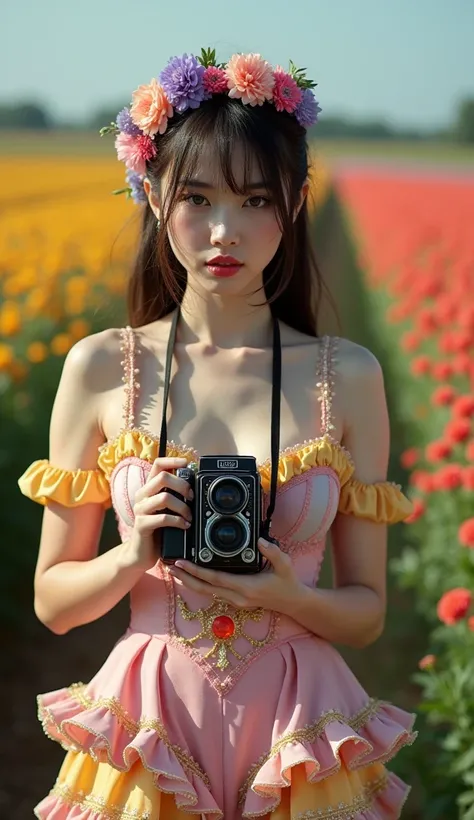 documentary photo, realistic, dramatic scene, very beautiful Japanese high school girl, famous beautiful Japanese idol, cute woman, (gothic lolita:1.2), (wearing a cute colored gothic lolita outfits with frills:1.2), (very large breasts), slim waist, (beau...