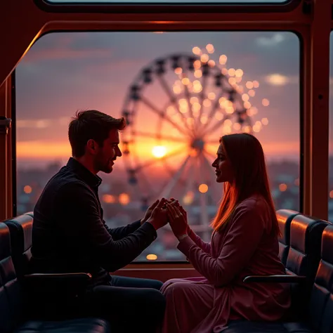 Amusement park, inside the Ferris wheel, Marriage Proposal. correct and perfect hands. A woman sitting in the front seat, natty girl, (ultra shiny straight hair), amber hair, tears of joy. (beautiful evening sunset view), dazzling sunset outside the window...