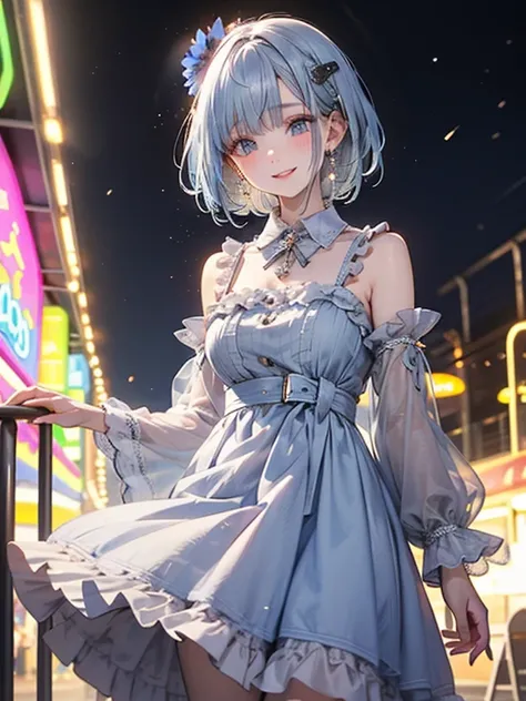 art：Cornflower,(masterpiece),(4K),High image quality,Small breasts,One girl,beautiful pastel blue hair ,Pale skin,Beautiful Smile,Beautiful and exquisite blue eyes,( light blue collared dress),(Layering), ( very detailed elegant ), Dreamy and happy atmosph...