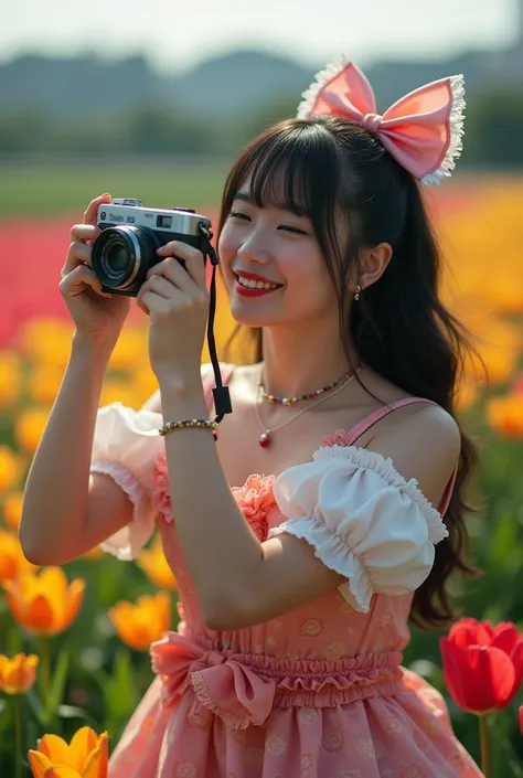 documentary photo, realistic, dramatic scene, very beautiful Japanese high school girl, famous beautiful Japanese idol, cute woman, (gothic lolita:1.2), (wearing a cute colored gothic lolita outfits with frills:1.2), (very large breasts), slim waist, (beau...