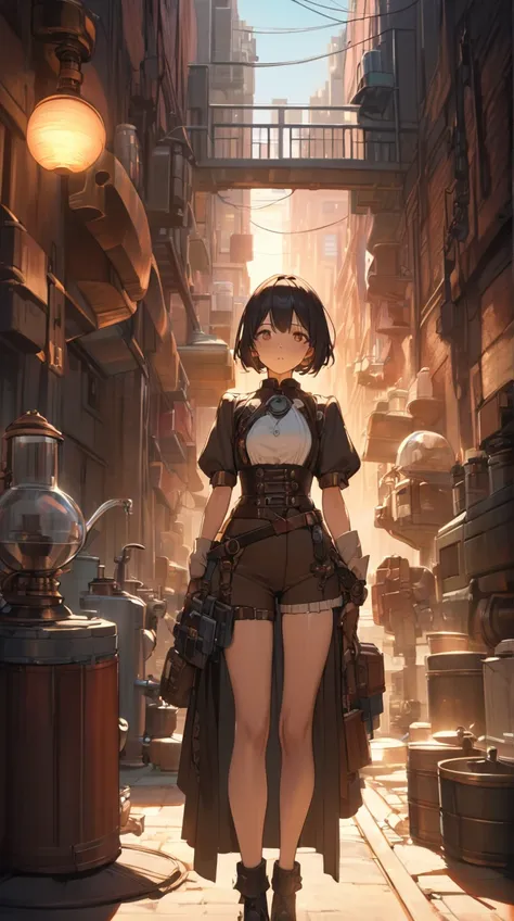 One Girl、Captivating look、Deep Eyes、 short bob hair 、 Steampunk Costume、Calm posture、 Pottery Skin 、Small breasts、 Custom Gadgets 、  
break、  
 Twilight in an Industrial Area 、( Mysterious Light :1.2)、Warm colors、 Contrast of Shadows 、Mysterious atmosphere...