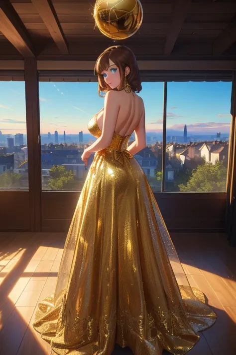 (( The best quality )), (( masterpiece)), ( Very detailed),(8K) 1 woman, ((wearing a golden ball gown )), (( brown hair)), ((blue eyes)), ((neckline)), ((big breasts)), ((garter)), (25 years old), ((PANORAMIC VIEW)), ((view from behind)), ( landscape of a ...