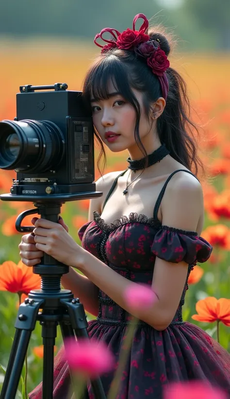 documentary photo, realistic, dramatic scene, very beautiful Japanese high school girl, famous beautiful Japanese idol, cute woman, (gothic lolita:1.2), (wearing a cute colored gothic lolita outfits with frills:1.2), (very large breasts), slim waist, (beau...