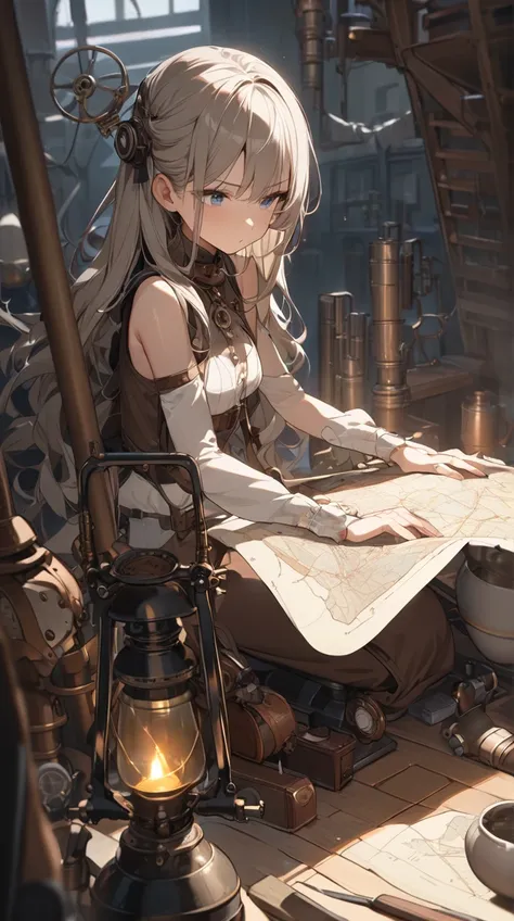 One Girl、 Determined Expression 、Calm Eyes 、long curled hair、 Steampunk Gadgets、 Active Posture 、 Pottery Skin 、Small breasts、 Hand Map 、  
break、  
 Dim Industrial City 、( Secret Light :1.2)、Cool tones、Soft Shadows、 Nervous Atmosphere 、 Detective Style 、M...