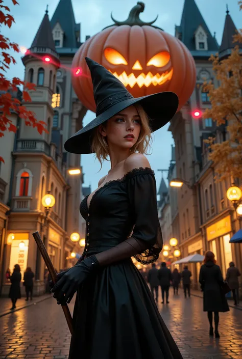 A hyper-realistic image of a beautiful young woman dressed in an elegant witch costume, standing in front of the grand entrance to a Halloween-themed theme park. Her witch costume features a wide-brimmed hat, a flowing black dress with lace detailing, and ...