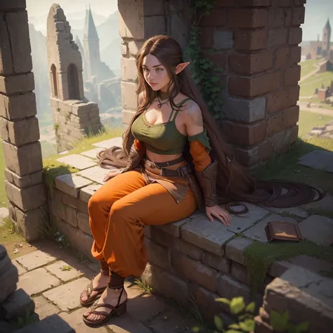 ((best quality))) (((HD))) (((8k))) (character) 20-year-old girl, ((adventurous)) elf, ((beautiful)) and ((happy)), gentle smile, ((brown hair)) and ((very long hair:1.2)), (freckles:1.2), voluptuous and plump, Brown hair, (large breasts:1.2), thick thighs...