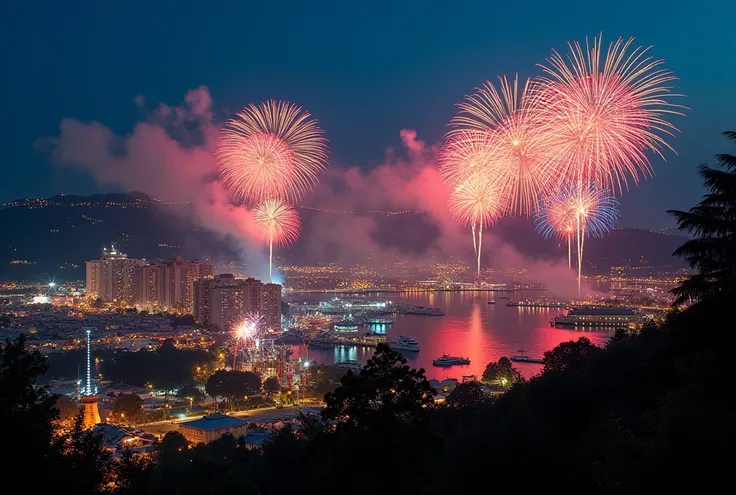 Panoramic view of the amusement park, Night view with fireworks