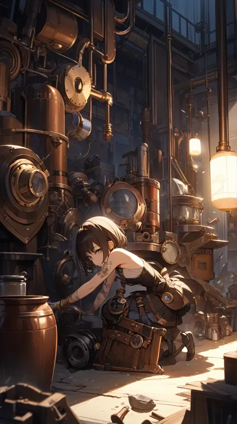 One Girl、Calm expression、Deep Eyes、 short cut hair 、 Steampunk Equipment 、 Active Posture 、 Pottery Skin 、Small breasts、 Hand Tools 、  
break、  
Industrial area at night、(Sharp Shadows:1.2)、 Bright Spotlights 、Metal Reflection、 Tense Atmosphere 、 Professio...