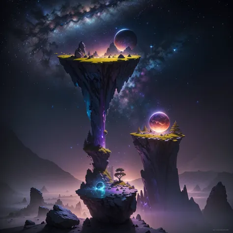 Epic cinematic digital matte painting. Medium shot. A glass crescent moon filled with stars, planets, plants, and rocks, suspended in mid-air. Medium shot. Brilliant, vibrant colors. Glowing stars and planets shine through the transparent glass, casting a ...