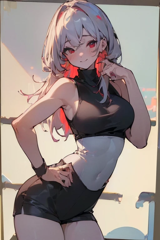 (best quality,4k,8k,highres,masterpiece;1:2), young girl, long white hair, red eyes, perky medium breasts, hourglass figure, sexy, smile, blush, black tank top, black shorts, revealing clothes, cowboy shot