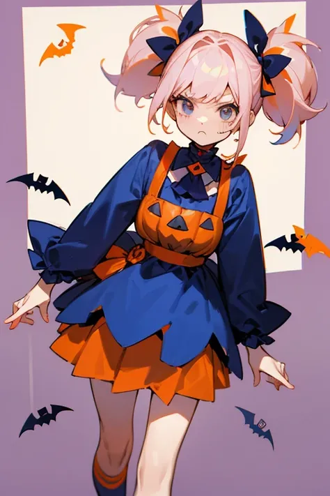 short white hair   , ,    pink and navy dress、Headbang 2.、   twin tails、sharp、(Embarrassing)、((Halloween)).((dark blue and orange outfit  )).