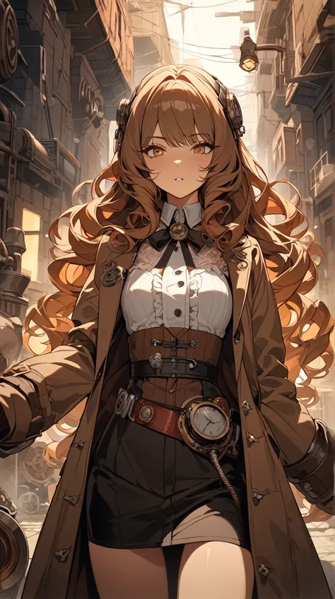 One Girl、Mysterious look、Sharp Eye、Long Curly Hair、 Steampunk Inspired Coat、strategic pose、 Pottery Skin 、Small breasts、 Decorative Belts 、  
break、  
 Dim Street Alley 、( Tense Light :1.2)、 Warm Tones 、 Contrast of Shadows 、Mysterious atmosphere、 Retro St...