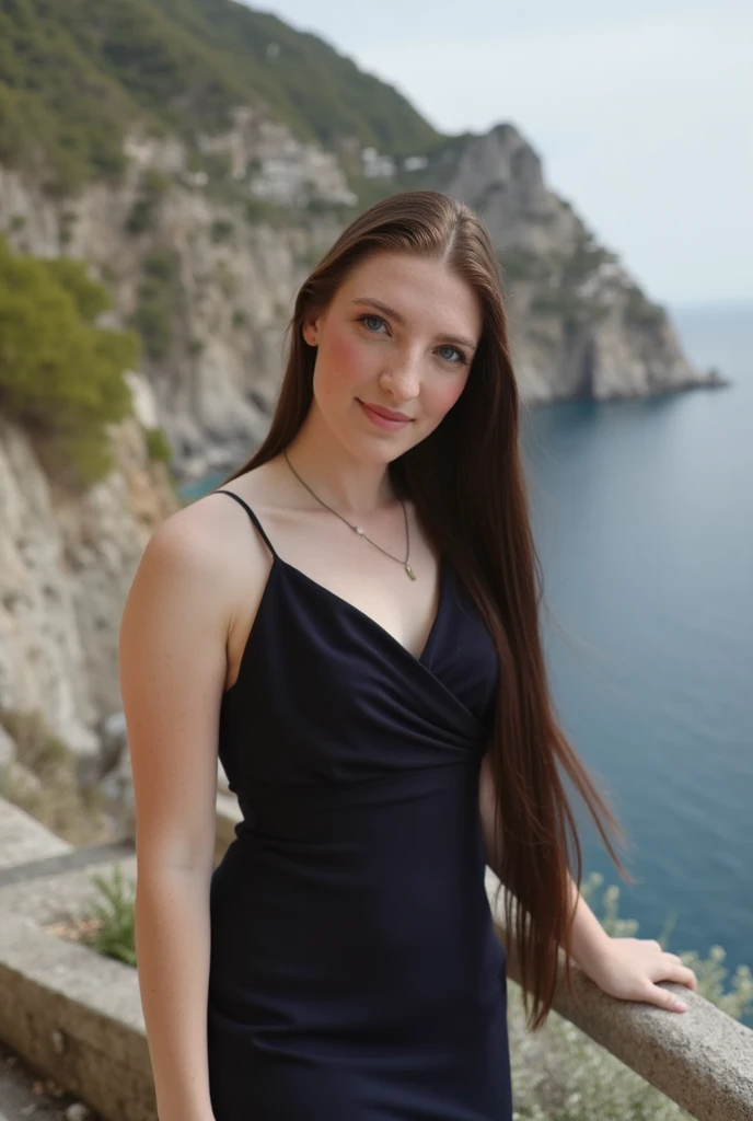 beautiful woman long black hair, in a dark sun dress looking at viewer on the Amalfi coast