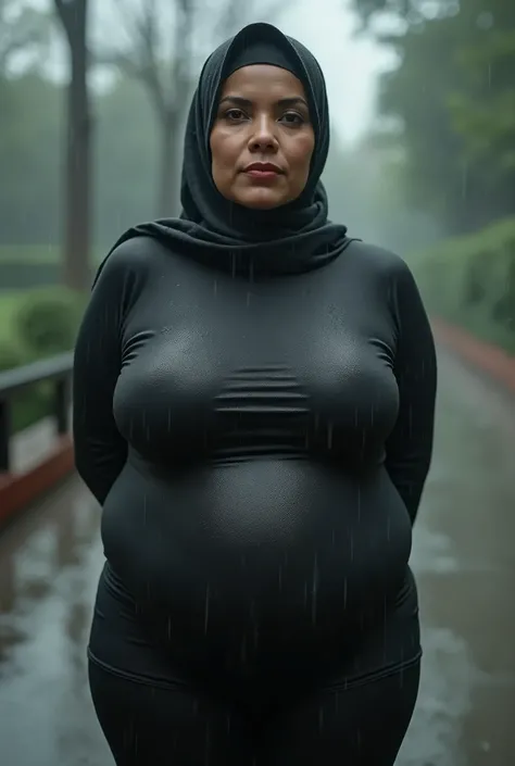 HIJAB, (Indonesian milf) 52 years Old, Indonesian Hijab milf, (Droopiest gigantic saggiest longest mature tits), wearing tight Thin t-shirt, Wearing Sexy Bra, Her bra cannot cover her Gigantic breast, Busty body, Wet body, rainy atmosphere, heavy rain, at ...