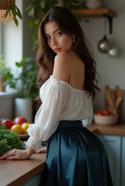 Ultra Realistic upper body portrait photo of a beautiful brunette young german woman with beautiful figure. She stands in the kitchen and leans over the counter. She looks over her shoulder into the camera and poses with her butt. She wears a long darkblue...