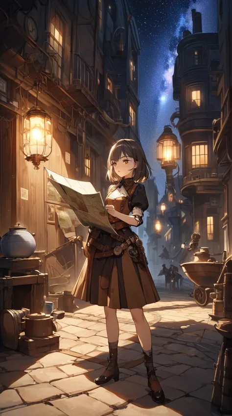 One Girl、 Determined Expression 、Sharp Eye、Medium Hair、 Steampunk Costumes、Strong posture、 Pottery Skin 、Small breasts、 Hand Holding a Map 、  
break、  
Port town at night、(Mysterious Light:1.2)、Dark Tone、Depth of Shadow 、 Atmosphere That Tickles Adventurou...