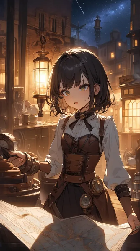 One Girl、 Determined Expression 、Sharp Eye、Medium Hair、 Steampunk Costumes、Strong posture、 Pottery Skin 、Small breasts、 Hand Holding a Map 、  
break、  
Port town at night、(Mysterious Light:1.2)、Dark Tone、Depth of Shadow 、 Atmosphere That Tickles Adventurou...