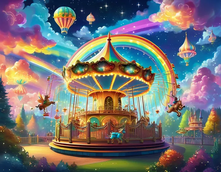  Amusement Park Surrounded by Magical Forests , Rainbow Sky,  Glowing Merry-Go-Round ,  Floating Attractions, Fairies Are Flying , A fantastic atmosphere, Fantasy Castle, Fluffy Clouds, Sparkling starry sky