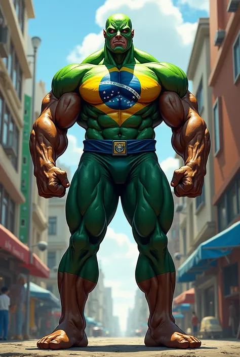 Brazilian superhero with extremely strong body , muscle mass, uniform, mask covering the entire face and cover ,  with colors and symbols of the Brazilian flag, negro 