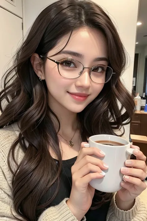 Make a biomedicine with dark brown and curly hair , wearing a clear eyeglass frame, She has coffee and chocolate colored eyes and is smiling and hardworking. 
