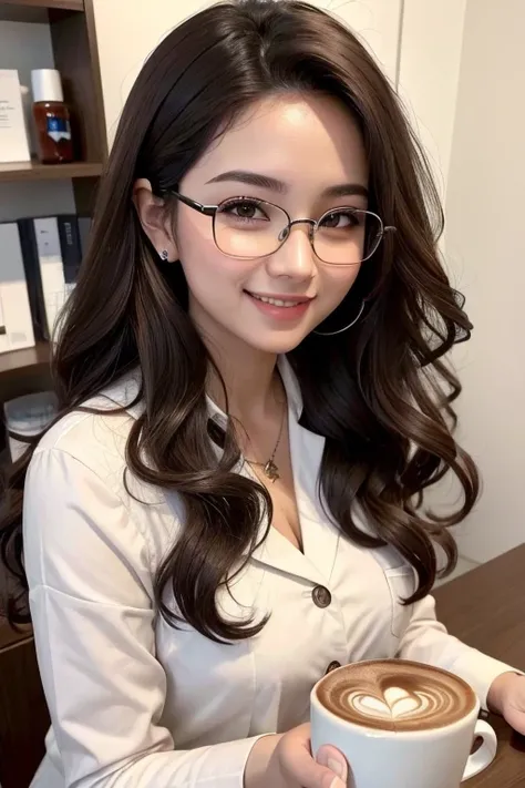 Make a biomedicine with dark brown and curly hair , wearing a clear eyeglass frame, She has coffee and chocolate colored eyes and is smiling and hardworking. 
