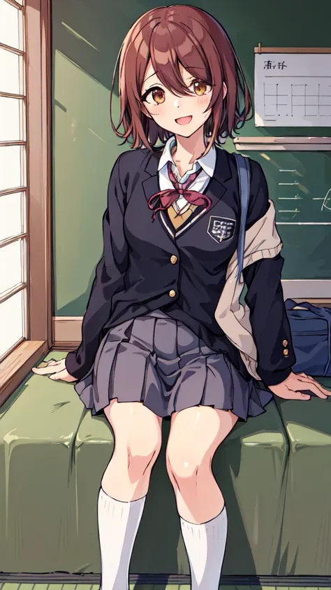 One Girl, Alone,Osaki Tenka, short hair, jacket,   Open your mouth  , White nails, jewelry, smile, short hair, Watch the audience,Navy Blue Blazer, Red ribbon tie, Brown Hair, bangs,  Brown Eyes , Black Checkered Mini Skirt, White shirt,, swept bangs, :d, ...