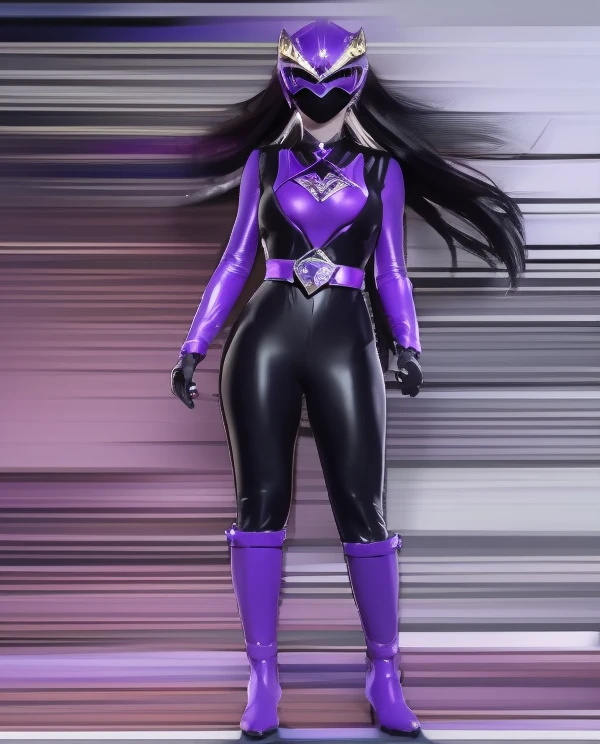 A woman violet rangers, violet ranger suit, as she power rangers violet, full body , helmet mask, long hair, high detailed, realistic, gloves, ultra realistic, ((full face helmet)), black shield sunglasses on eyes, smart black sunglasses 