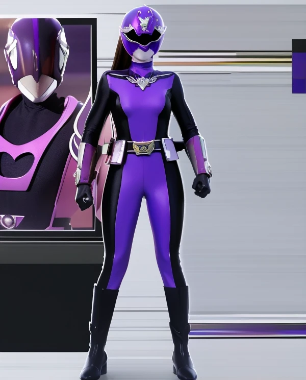 A woman violet rangers, violet ranger suit, as she power rangers violet, full body , helmet mask, long hair, high detailed, realistic, gloves, ultra realistic, ((full face helmet)), black shield sunglasses on eyes, smart black sunglasses 