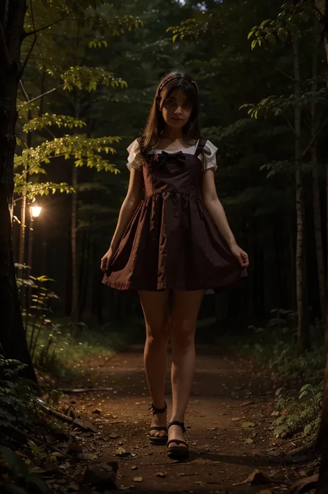 An  , by the ruby, In a forest at night,  girl in a mini maid dress, realistic,4k