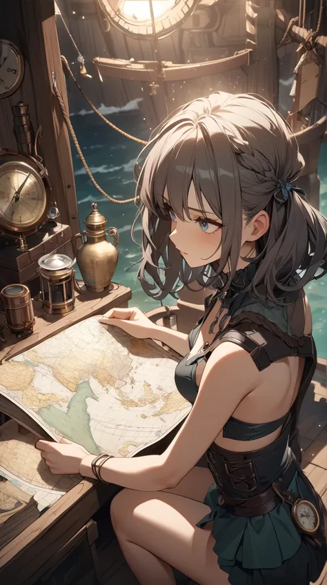 One Girl、 Determined Expression 、Deep Eyes、Medium Hair、 Steampunk Style Decor、Strong posture、 Pottery Skin 、Small breasts、 Hand Holding a Map 、  
break、  
Wild Seas at Night 、(Mysterious Light:1.2)、Cool tones、Depth of Shadow 、 Atmosphere That Tickles Adven...