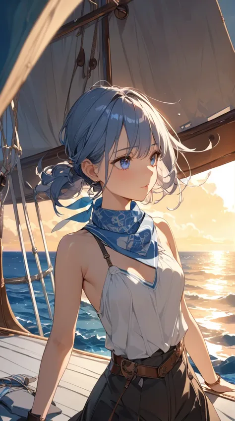 One Girl、Captivating look、Bright Eyes、 Shortcut Hair 、 Steampunk Pirate Outfit、Graceful posture、 Pottery Skin 、Small breasts、 Tricolor Bandana 、  
break、  
Bright daytime sea、(Vivid light:1.2)、Blue tint、Soft Shadows、 lively atmosphere 、 Casual Style 、A Tas...