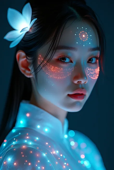 A futuristic digital portrait of an Asian woman with glowing, multicolored light patterns illuminating her face. Her features are soft yet precise, with delicate lines of light and intricate points of connection across her skin, resembling a digital networ...