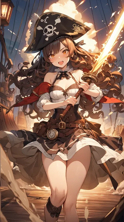 One Girl、 Adventurous Expressions 、Sharp Eye、Long Curly Hair、 Steampunk Style Pirate Outfits、 Active Poses 、 Pottery Skin 、Small breasts、Hand holding a sword、  
break、  
 Twilight on the Rough Sea 、(Dynamic Light:1.2)、 Warm Tones 、Fierce shadows、Adventurou...