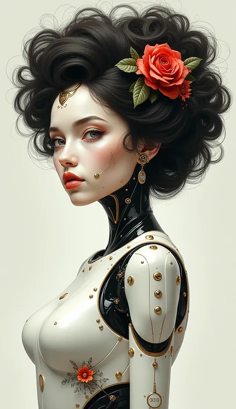 (white android with super beautiful female body, afro hair, robot face, flowers, symmetry, perfect face, intricate, elegant, hig...