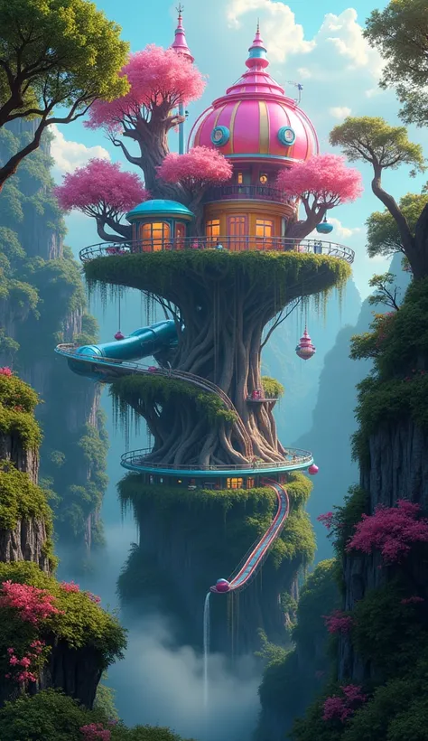  colorful tree house on a cliff,  tree house built on a magic forest tower , colorful bionic transparent nest ,  colorful tree house ,   transparent slide built on a tree house ,  colorful slide colorful conceptual art ,   psychedelic architecture , Colorf...