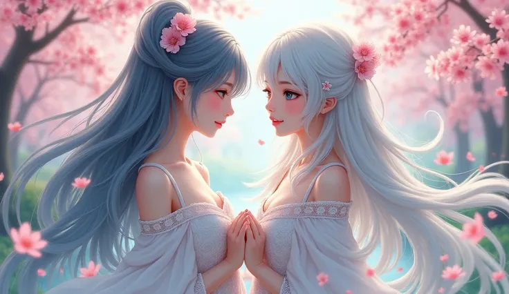 Sakura with silver-haired girl, blue eyes, white dress 